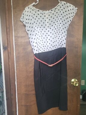 Polka Dot Bodice Black Midi Dress with Coral Belt